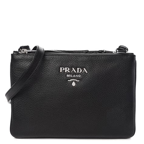 PRADA Vitello Phenix Double Zip Crossbody Bag Black.